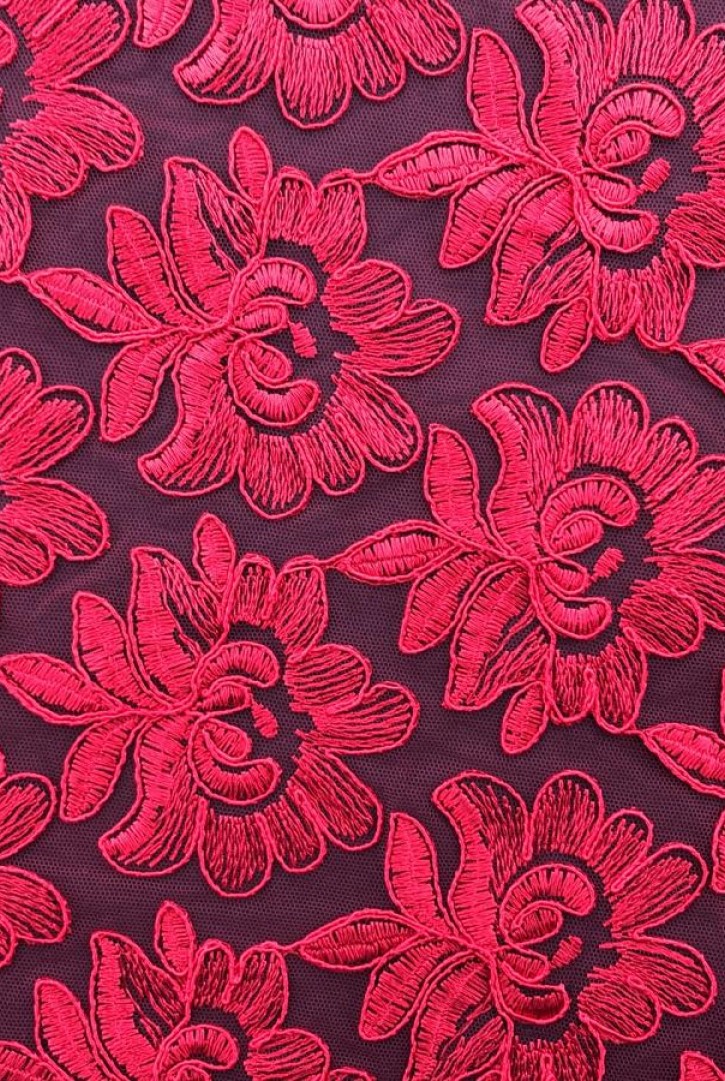 Kırmızı Kordlu Tül Üzeri Brode - Yerli Polyester (12480)