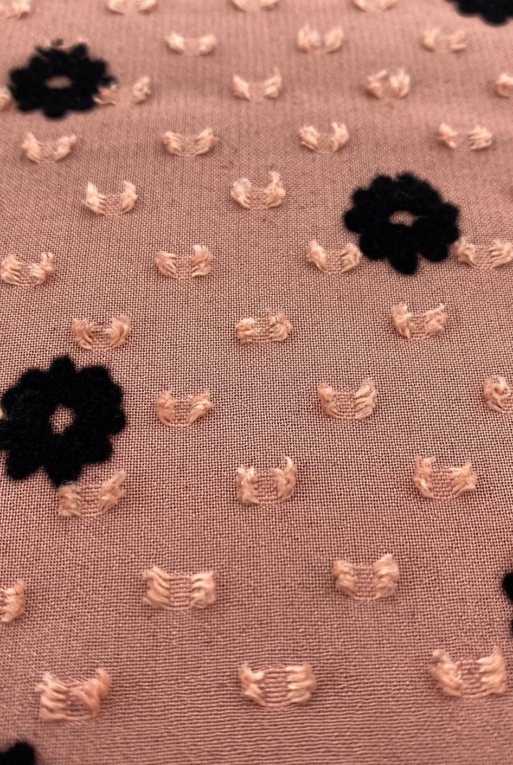 Soğan Zemin Siyah Çiçek Flock Baskılı Şifon