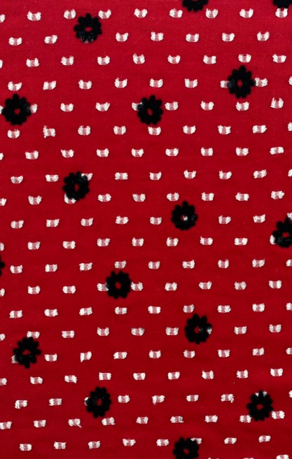 Kırmızı Çiçek Flok Baskılı Şifon Kumaş