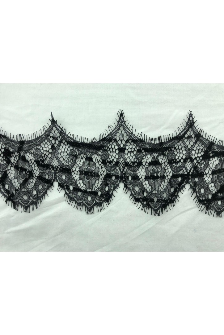 9 cm Siyah Sakallı Flok Baskılı Çift Su Yollu İthal Dantel Bant