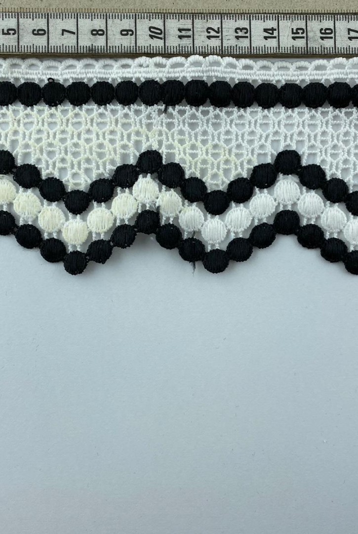 Siyah-Beyaz Mat Polyester Güpür Brode Bant - 8 cm