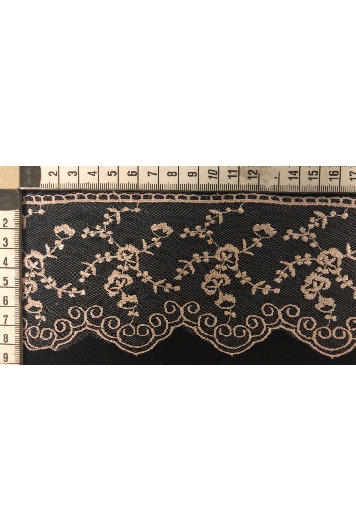 Koyu Pudra Tül Üzeri Yerli Brode Bant