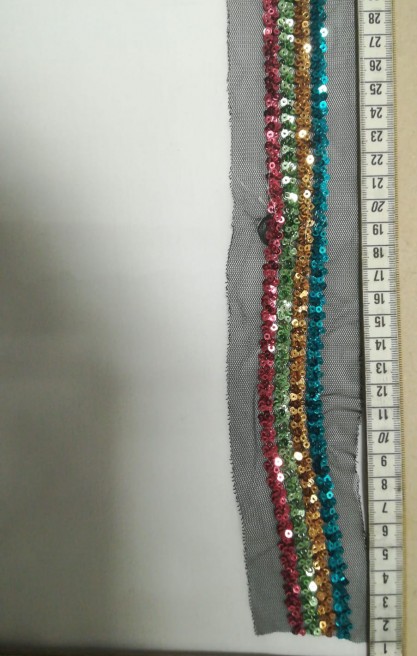 Siyah Mesh Üzeri Mavi-Sarı-Yeşil-Pembe Pullu Bant, 2.5 cm