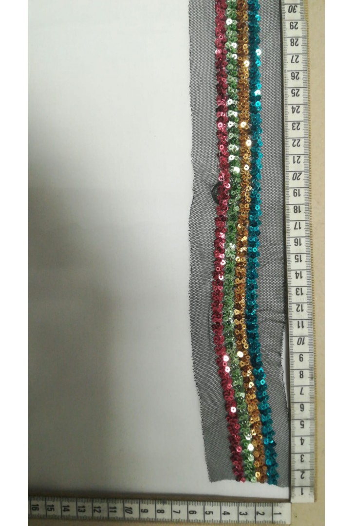 Siyah Mesh Üzeri Mavi-Sarı-Yeşil-Pembe Pullu Bant, 2.5 cm