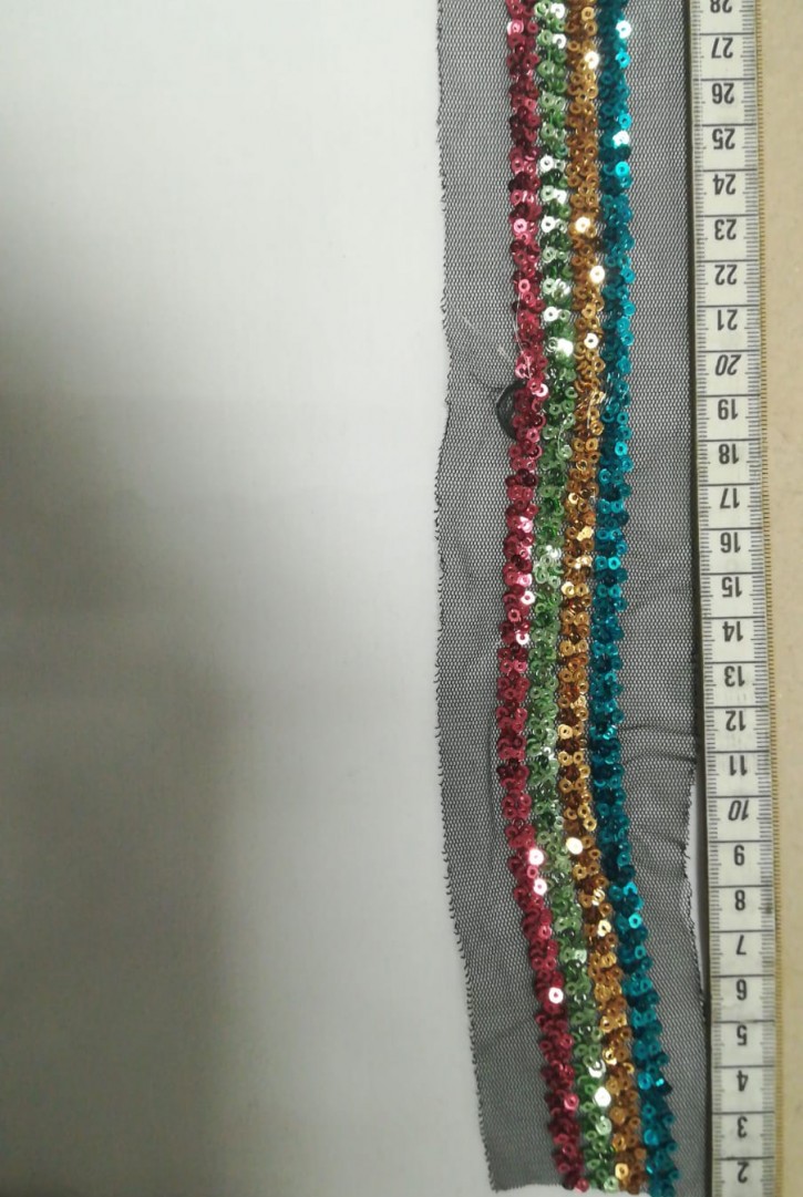 Siyah Mesh Üzeri Mavi-Sarı-Yeşil-Pembe Pullu Bant, 2.5 cm