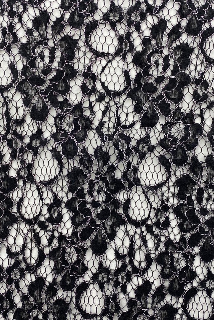 Simli Siyah Kordlu Polyester Dantel