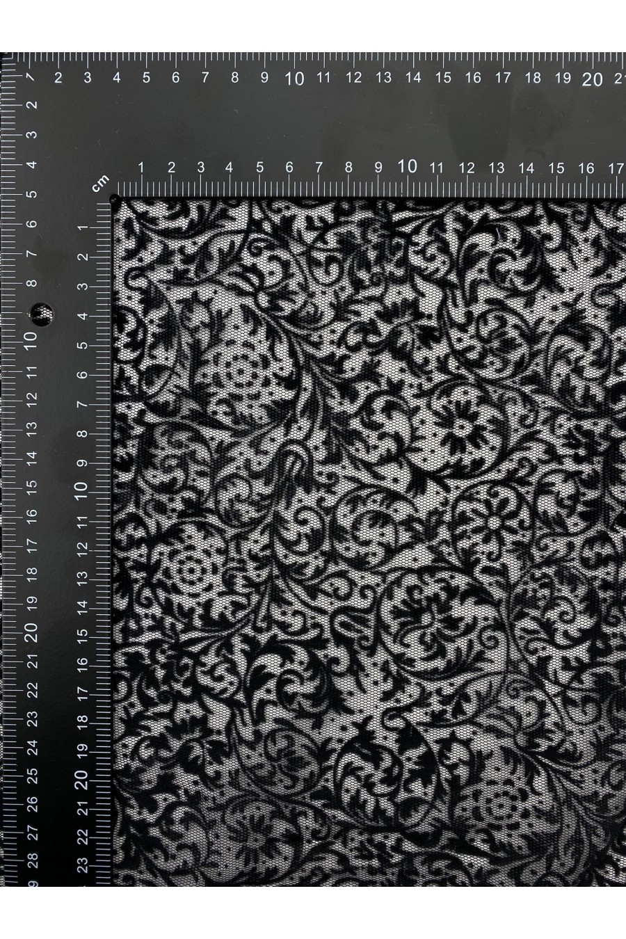 Siyah Flok Baskılı Tül Üzeri Polyester Dantel - 155 cm