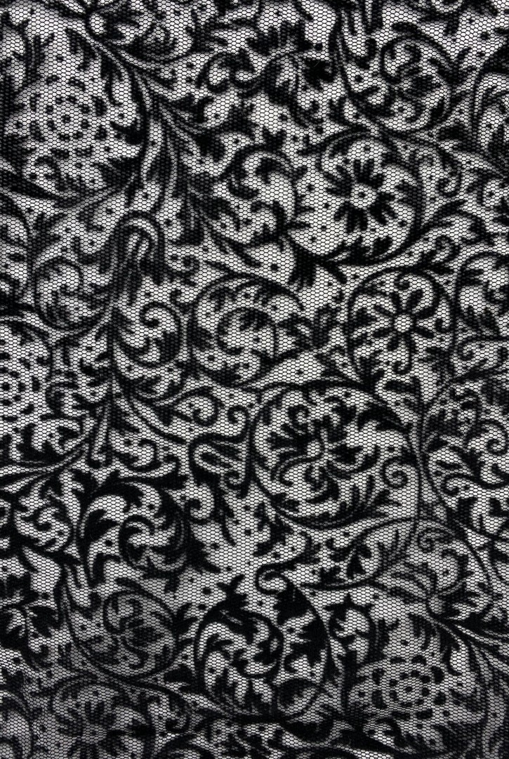 Siyah Flok Baskılı Tül Üzeri Polyester Dantel - 155 cm