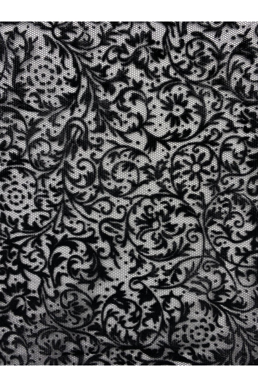 Siyah Flok Baskılı Tül Üzeri Polyester Dantel - 155 cm