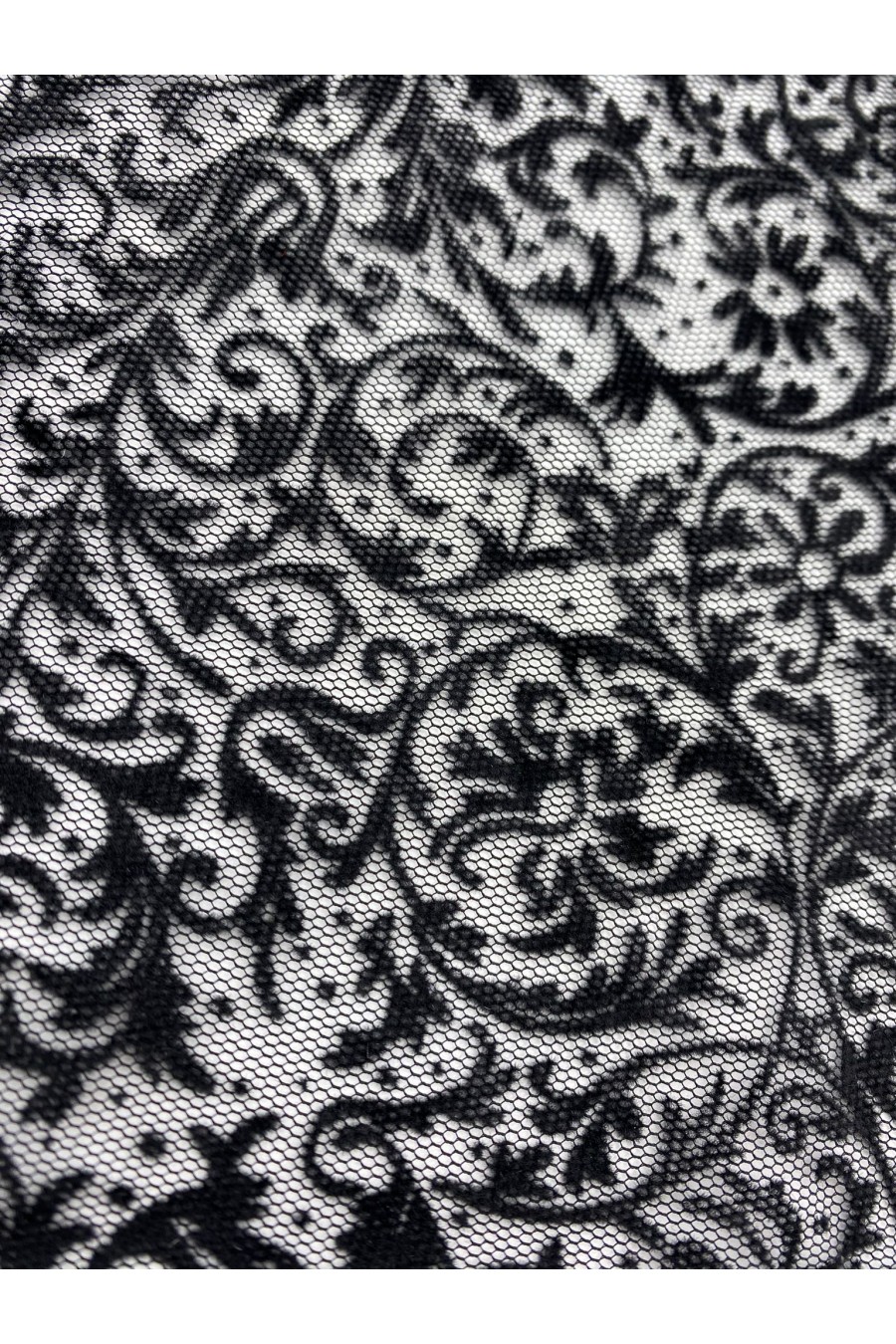 Siyah Flok Baskılı Tül Üzeri Polyester Dantel - 155 cm