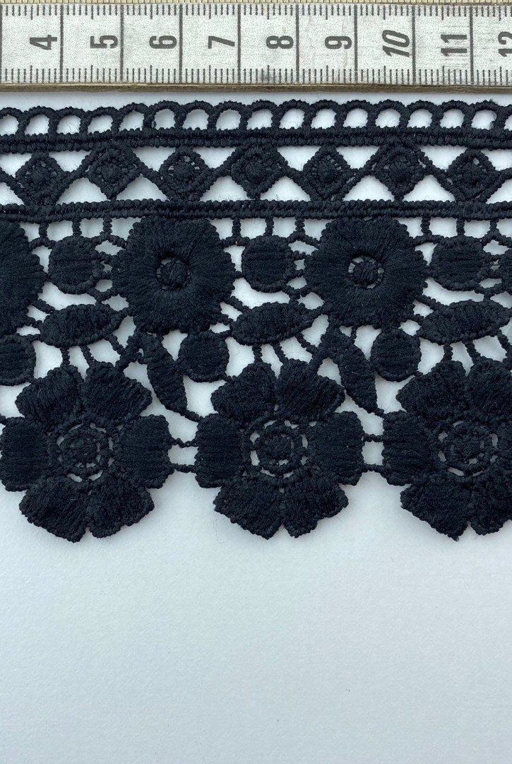 Siyah Mat Polyester Güpür Brode Bant, 7.5 cm