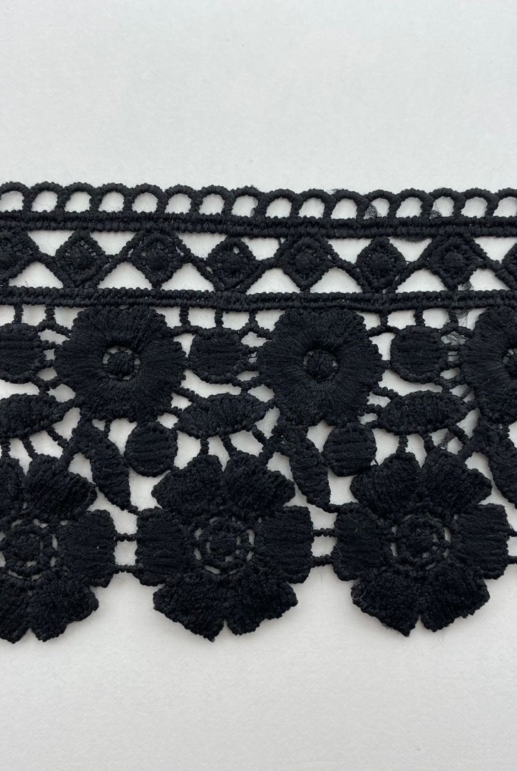 Siyah Mat Polyester Güpür Brode Bant, 7.5 cm