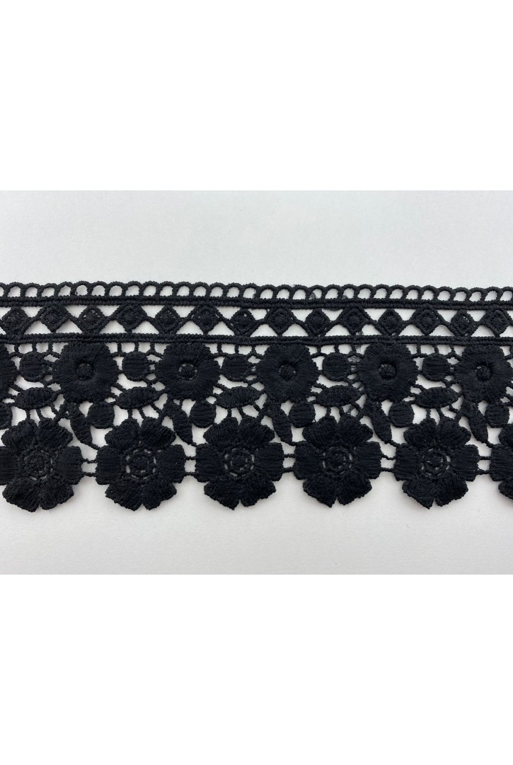 Siyah Mat Polyester Güpür Brode Bant, 7.5 cm