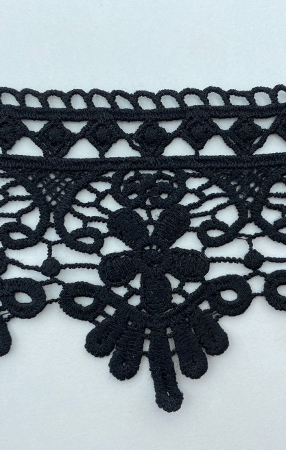 Siyah Mat Polyester Güpür Brode Bant, 8 cm