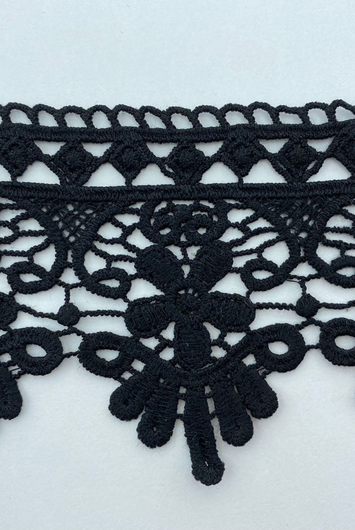 Siyah Mat Polyester Güpür Brode Bant, 8 cm