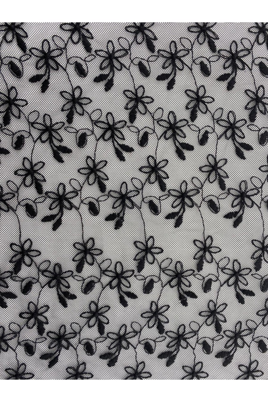 Siyah Pamuk Polyester Tül Üzeri Brode Kumaş