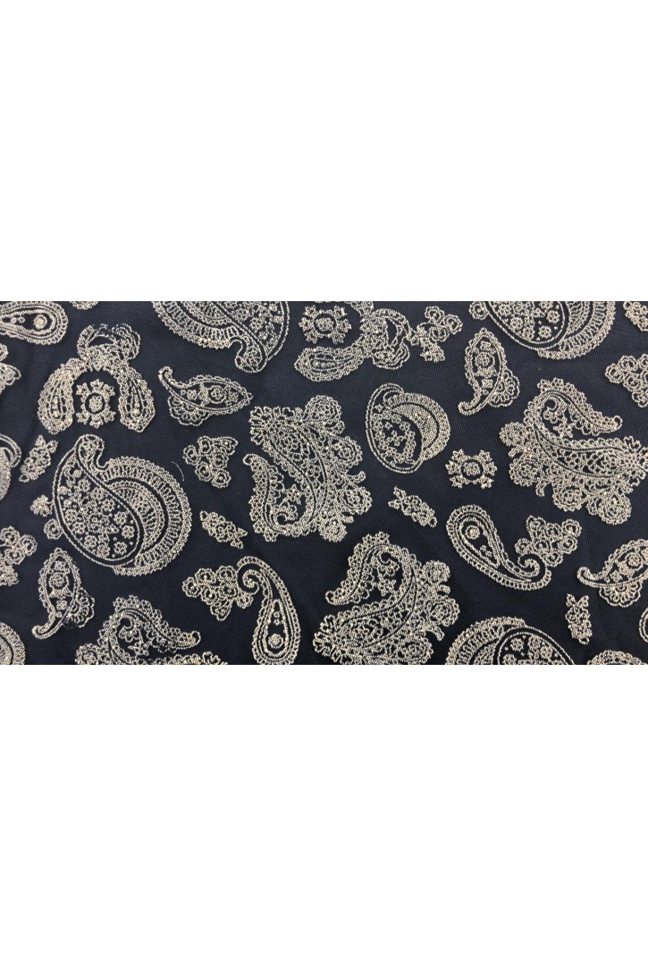 Siyah Zemin Bej Flok Baskılı Tül