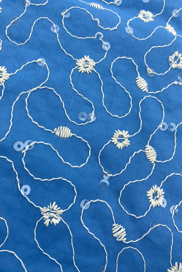 21643 BRODE/YERLİ/VUAL/LEZ/PAMUK POLYESTER/PULLU/MAVİ ZEMİN/HAM İP/153 CM