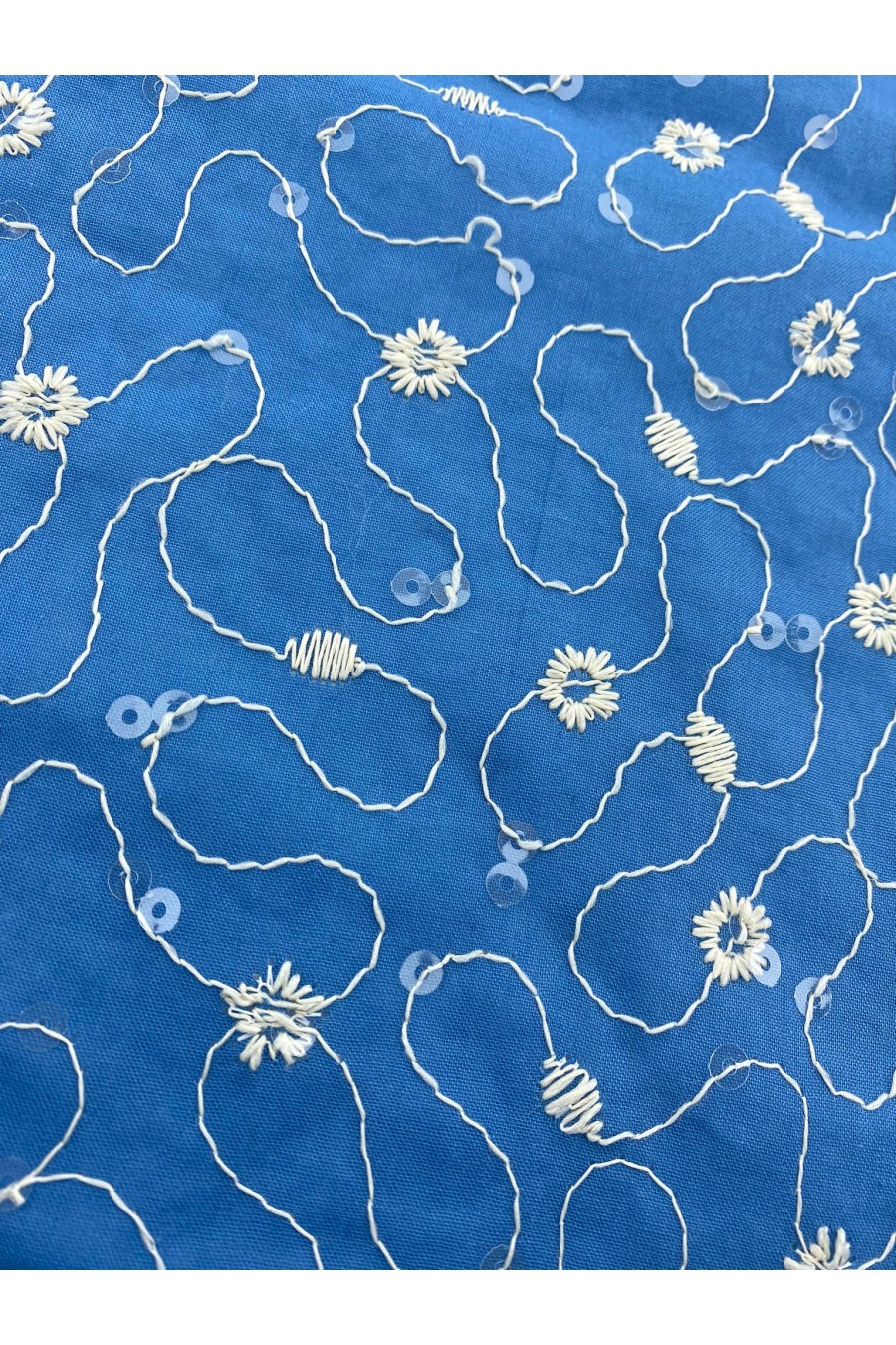 21643 BRODE/YERLİ/VUAL/LEZ/PAMUK POLYESTER/PULLU/MAVİ ZEMİN/HAM İP/153 CM