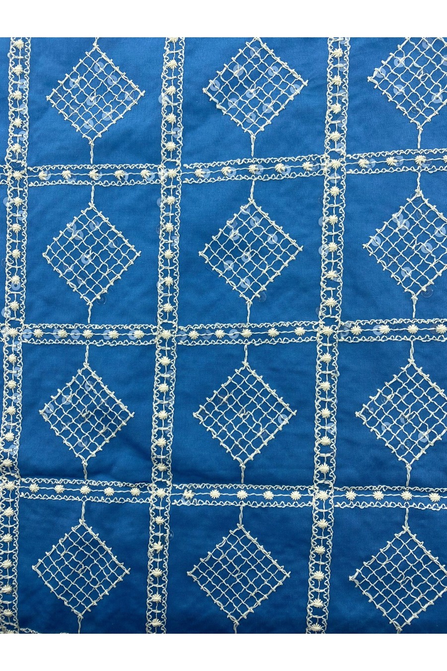 21645 BRODE/YERLİ/VUAL/LEZ/PAMUK POLYESTER/PULLU/MAVİ ZEMİN/HAM İP/153 CM