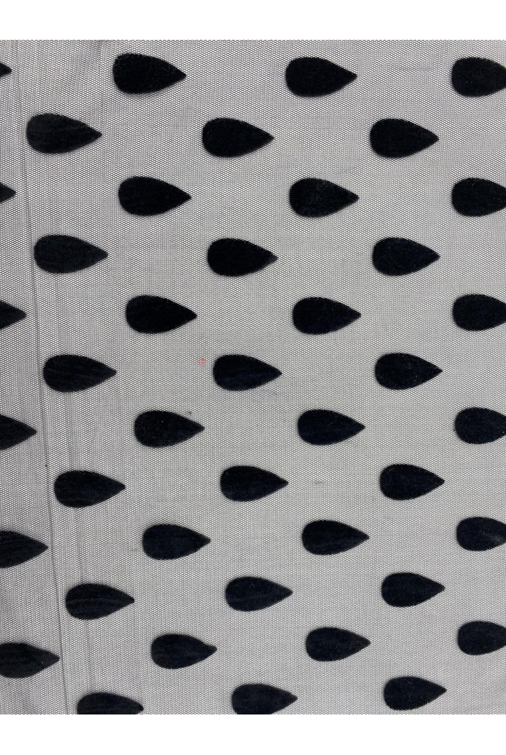 Siyah Su Damlası Desenli Flok Baskı Tül