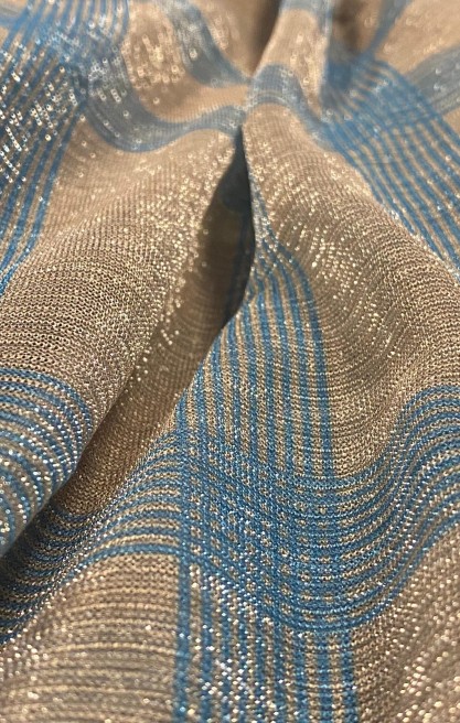 Mavi-Bej Dijital Baskılı Simli Moonlight Tül Kumaş - Polyester, 127 cm Yerli Üretim