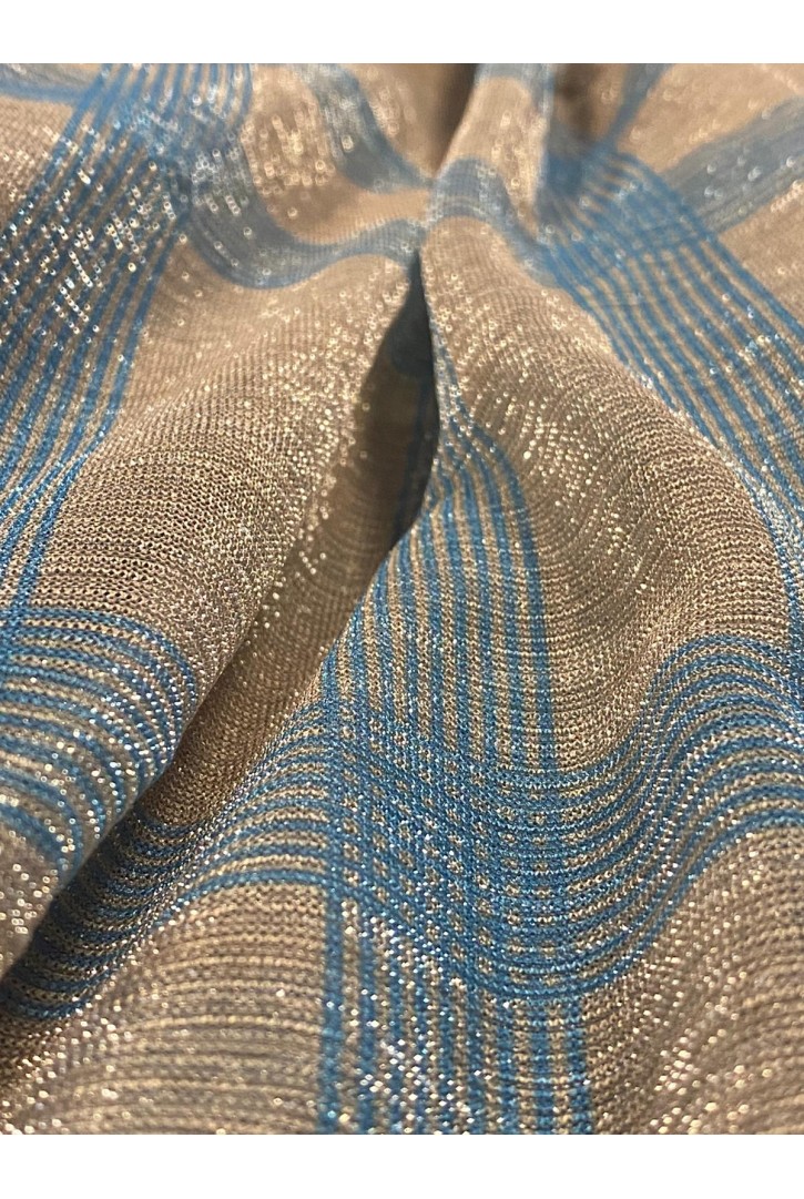 Mavi-Bej Dijital Baskılı Simli Moonlight Tül Kumaş - Polyester, 127 cm Yerli Üretim