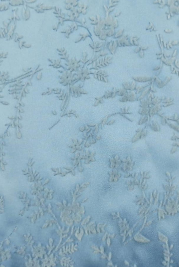 Mavi Flok Baskılı Mat Saten Kumaş - Yerli Polyester (12403)