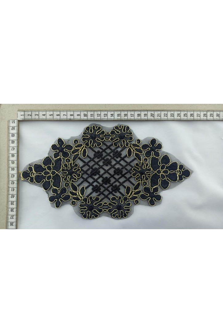 Siyah-Gold Organze Üzeri Aplik, İthal Polyester