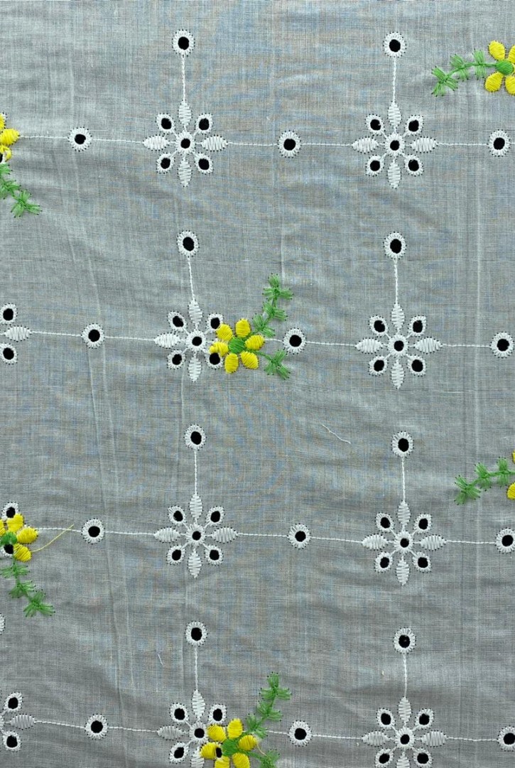 Sarı-Yeşil Çiçek Nakışlı Kasar Pamuk Polyester Brode, 135 cm