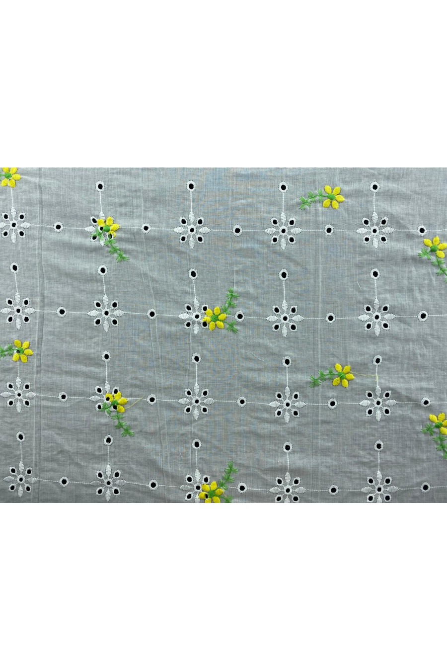 Sarı-Yeşil Çiçek Nakışlı Kasar Pamuk Polyester Brode, 135 cm