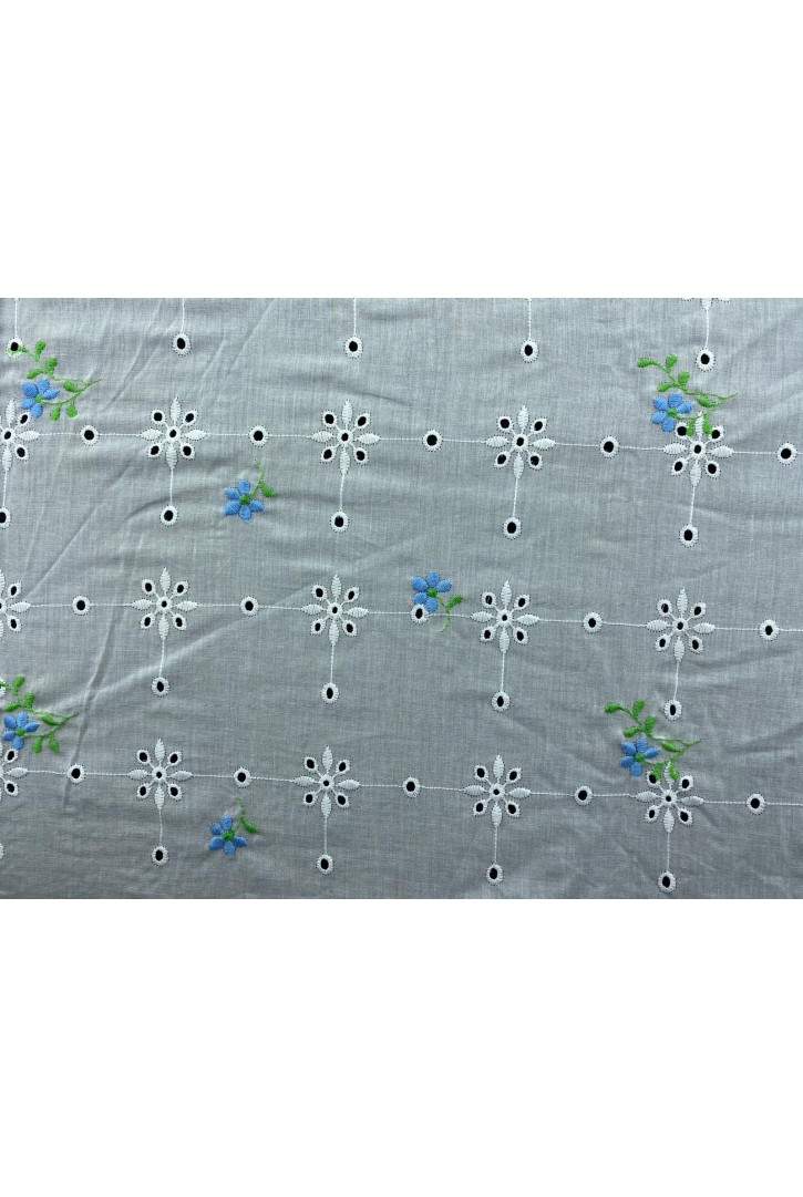 Mavi-Yeşil Çiçek Nakışlı Kasar Brode Kumaş