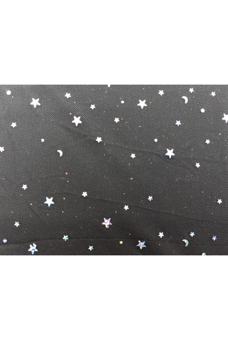 Gri Simli Hologram Yıldızlı Likralı Pullu Tül, 140 cm