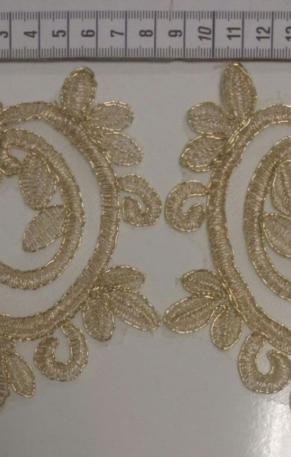 Gold Simli Aplik Tül Üzeri Polyester Brode