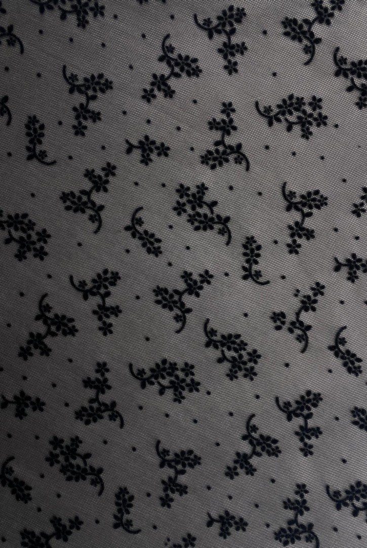 Siyah Likralı Flok Baskı Tül, Yerli, 150 cm