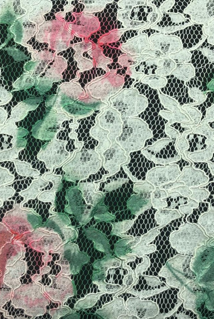 Beyaz Zemin Renkli Kordlu Dantel, Yerli Polyester