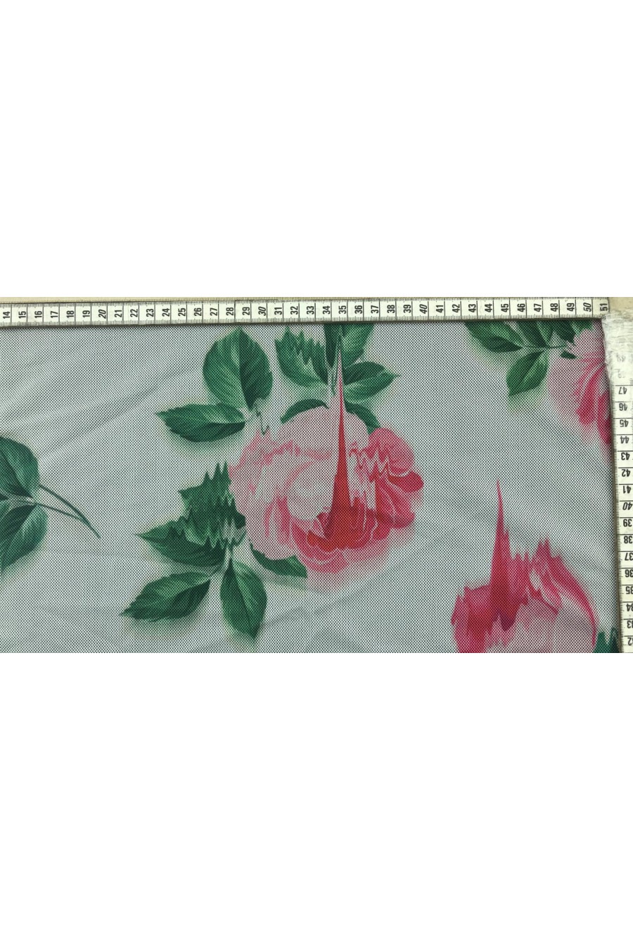 Beyaz Zemin Üzeri Dijital Baskılı Likralı Tül, Pembe-Yeşil