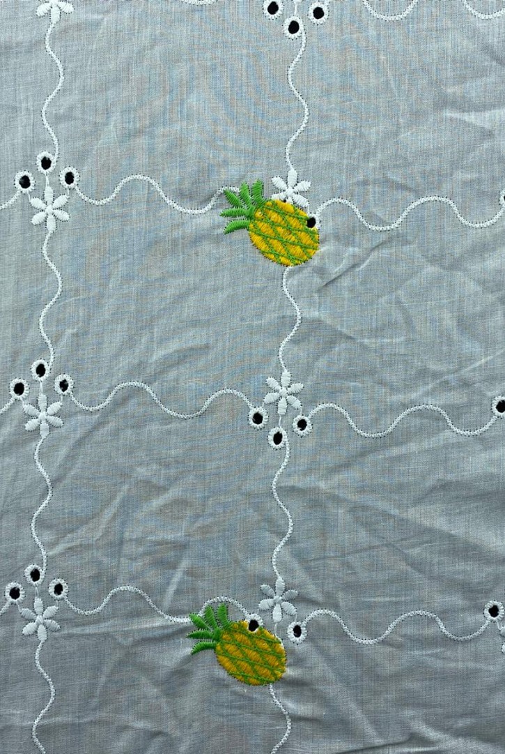 Sarı-Yeşil Ananas Nakışlı Vual Kumaş