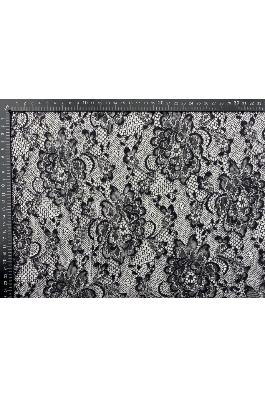 Gümüş Kordlu Siyah Polyester Dantel, 150 cm