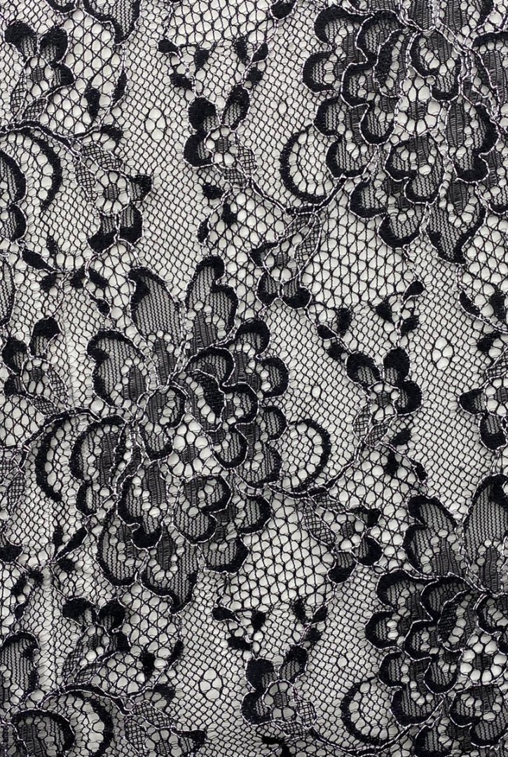 Gümüş Kordlu Siyah Polyester Dantel, 150 cm