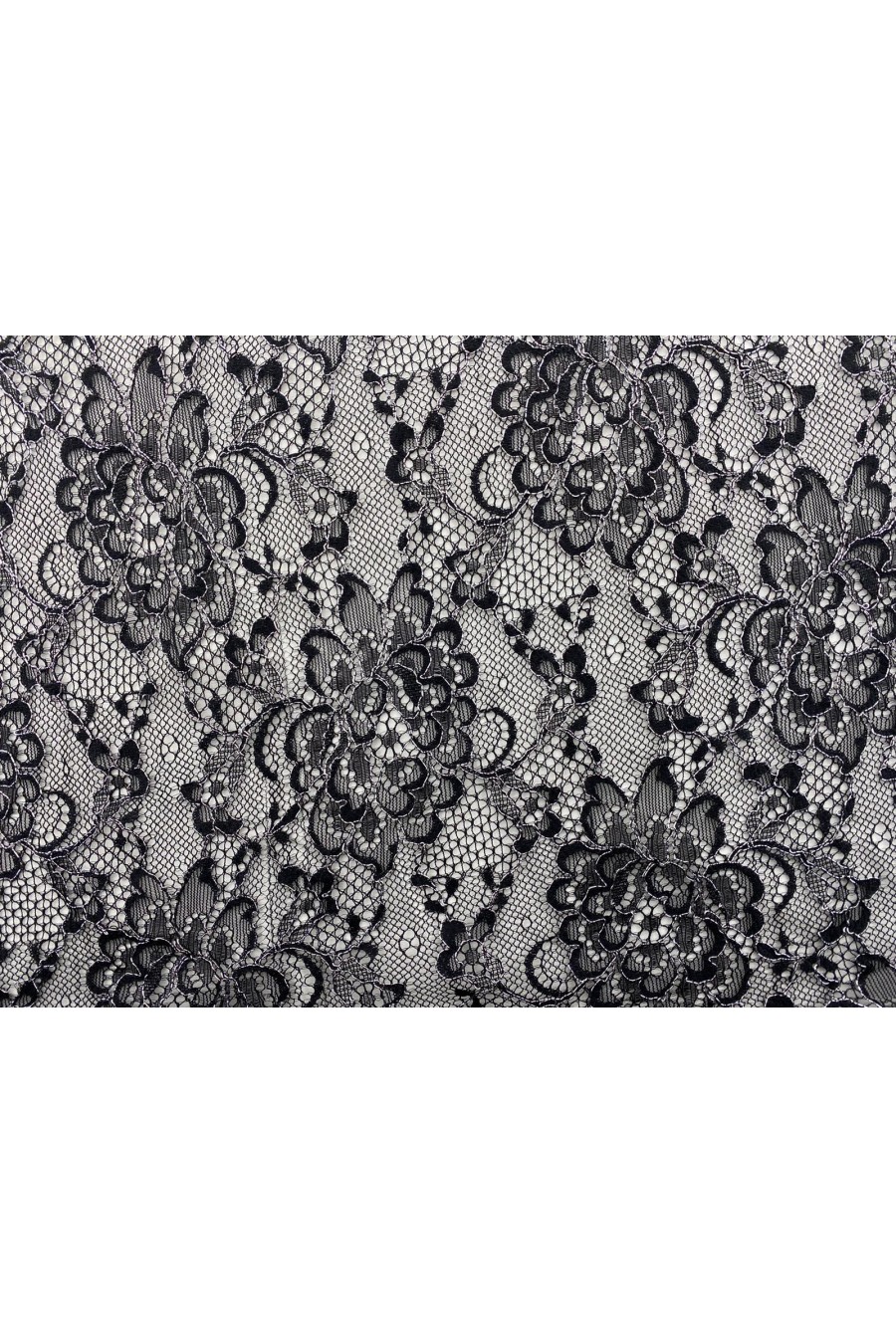 Gümüş Kordlu Siyah Polyester Dantel, 150 cm