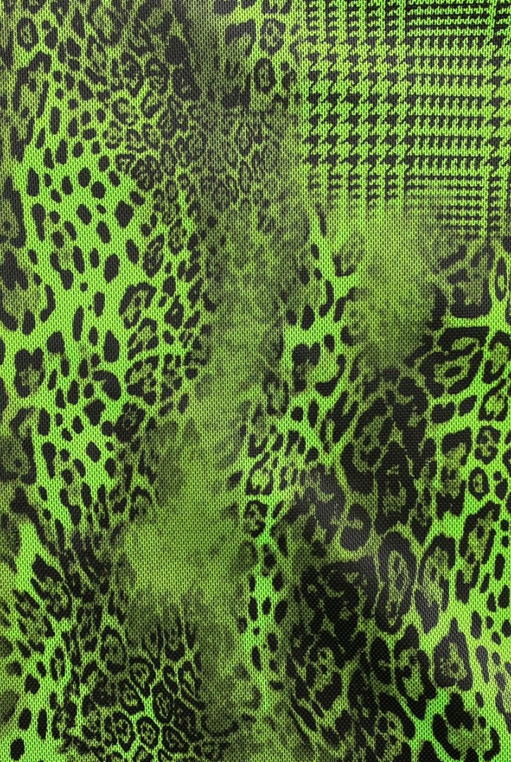 Neon Yeşil Kaz Ayağı Desenli Likralı Tül Kumaş, 135 cm