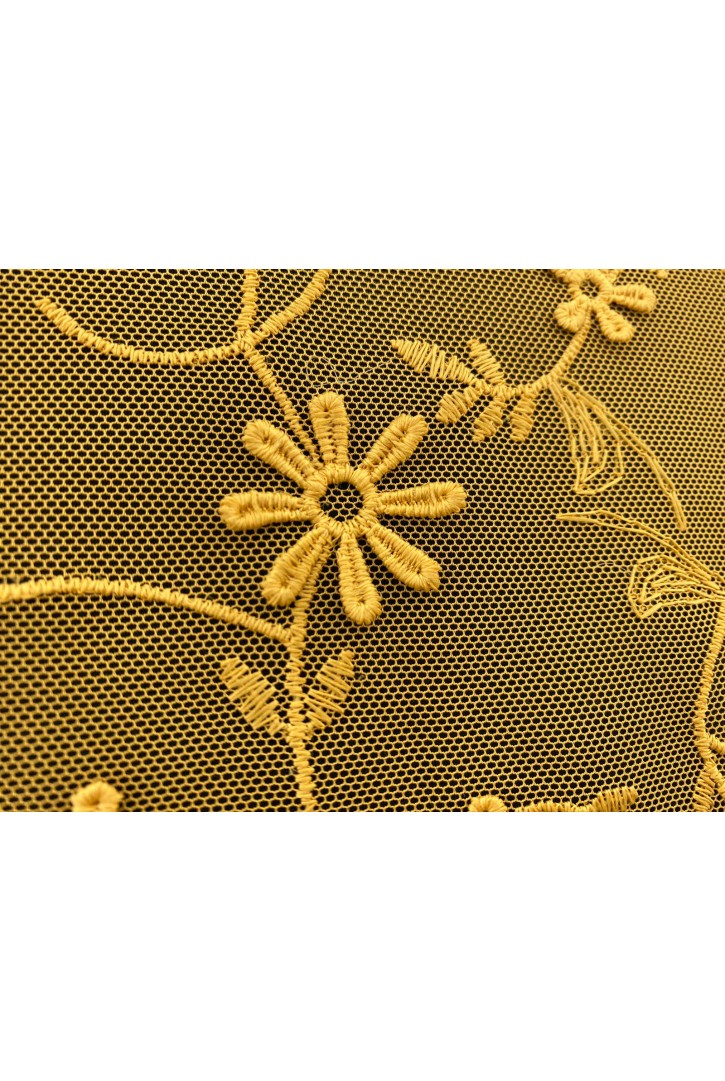 Hardal Renkli Tül Üzeri Mat Polyester Brode Kumaş