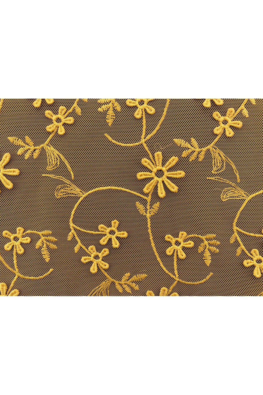 Hardal Renkli Tül Üzeri Mat Polyester Brode Kumaş