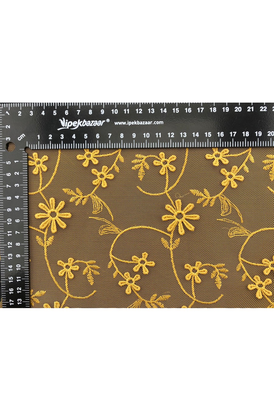 Hardal Renkli Tül Üzeri Mat Polyester Brode Kumaş