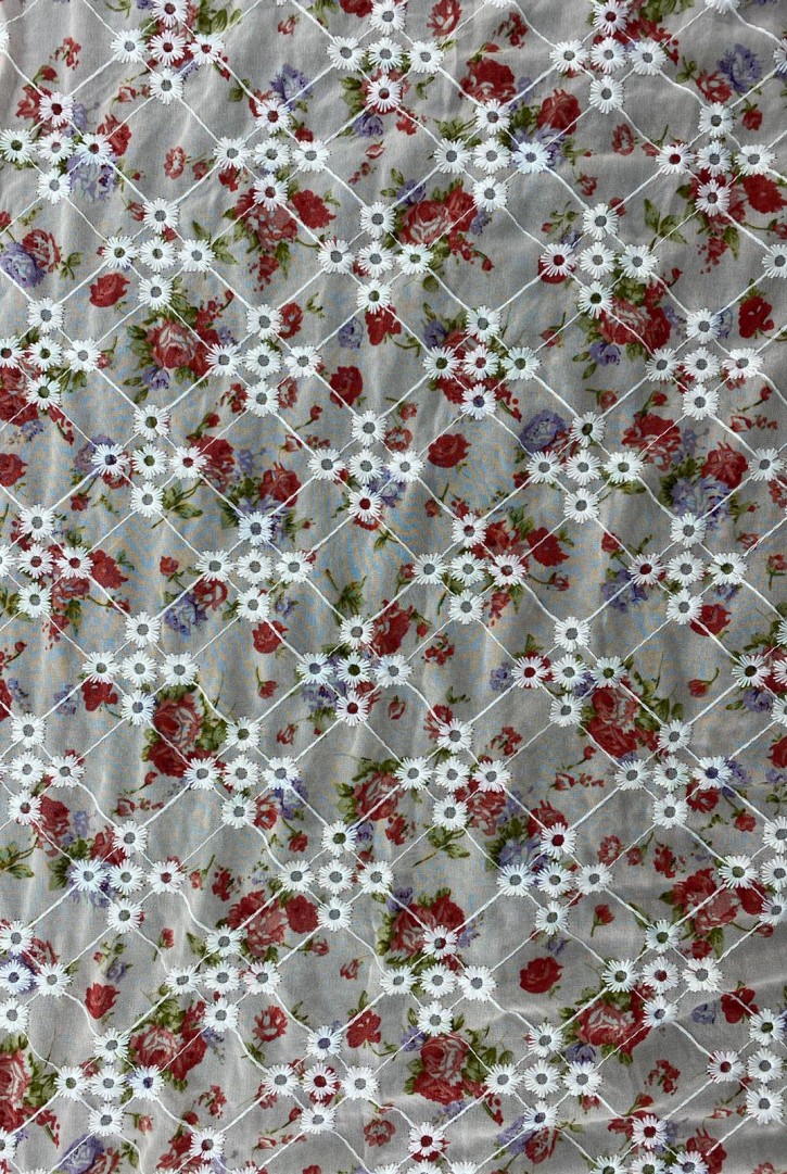 Pudra Zemin Kırmızı Gül Desenli Şifon Brode