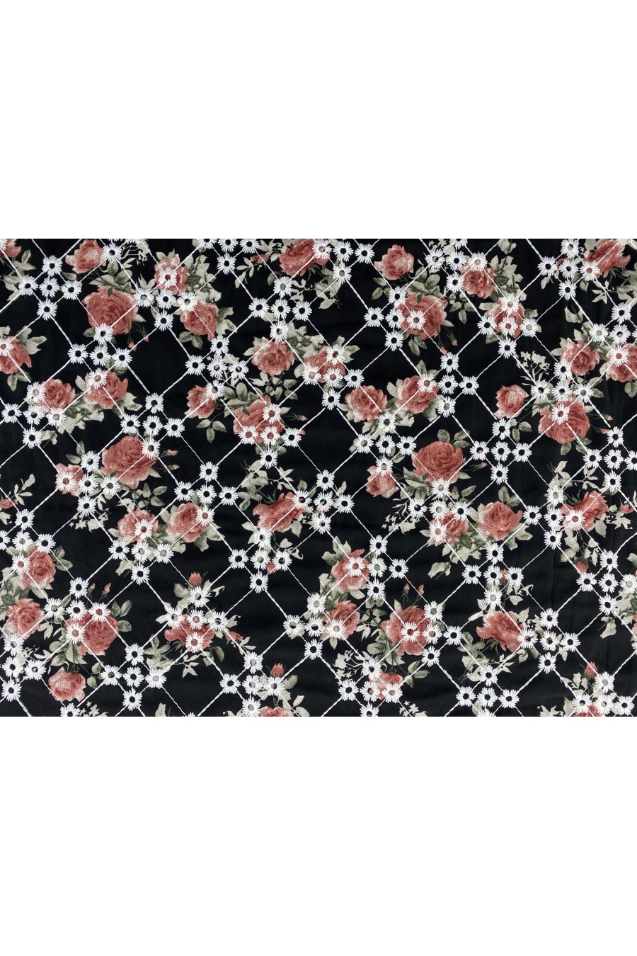 Siyah Zemin Pembe Gül Desenli Şifon Brode