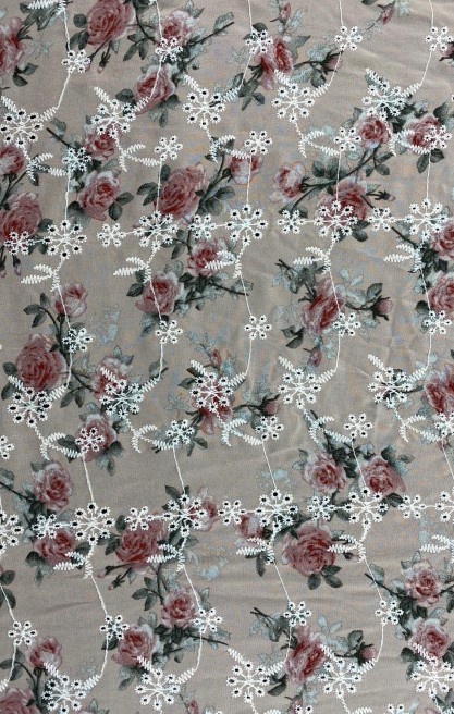 Pudra Zemin Pembe Gül Desenl Baskılı Şifon Brode