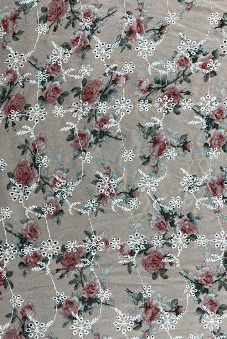 Pudra Zemin Pembe Gül Desenl Baskılı Şifon Brode