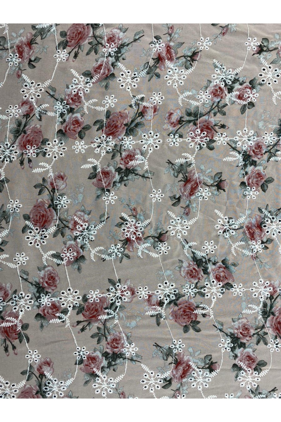15279-METRE Pudra Zemin Pembe Gül Desenl Baskılı Şifon Brode